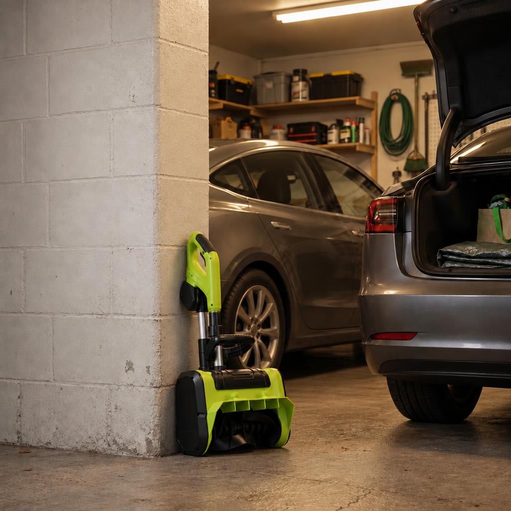 Folded snow shovel stored beside shelving in a garage