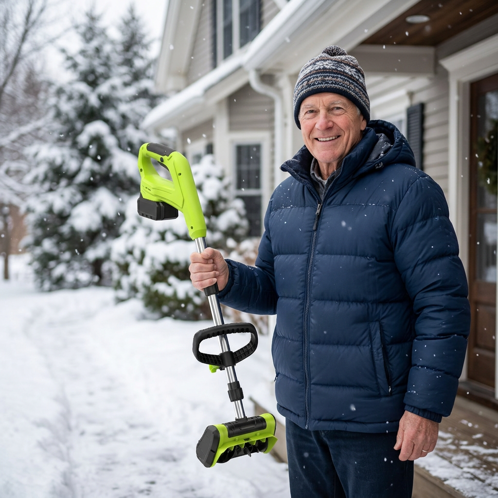 Person holding the cordless snow shovel outdoors in winter